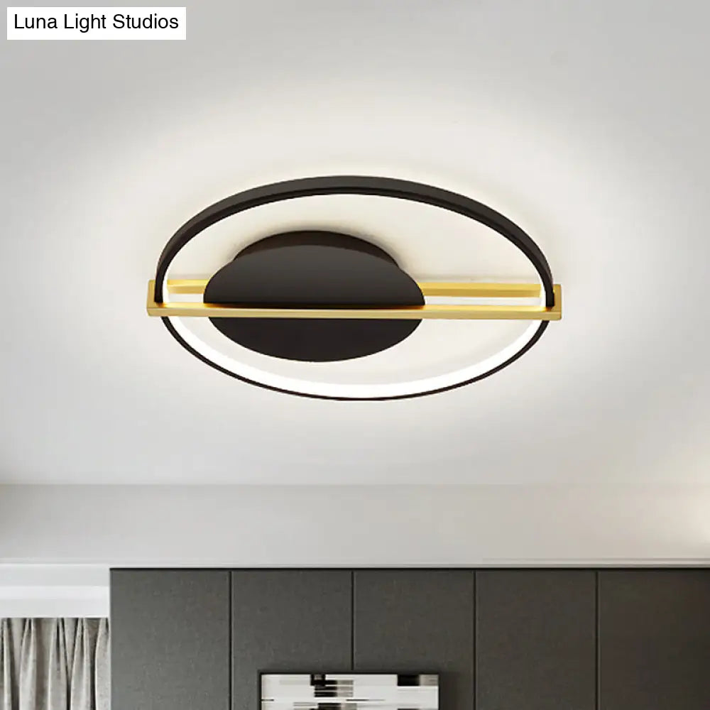 Minimalist Led Flush Mount Ceiling Light In Acrylic Black/White With Gold Hoop Guard