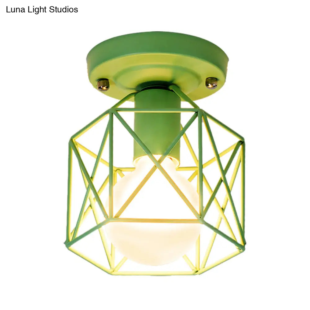 Minimalist Metal Frame Ceiling Mounted Light With White Pink And Green Accents - Ideal For Cloakroom