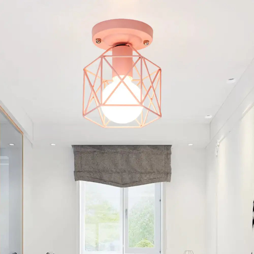 Minimalist Metal Frame Ceiling Mounted Light With White Pink And Green Accents - Ideal For Cloakroom