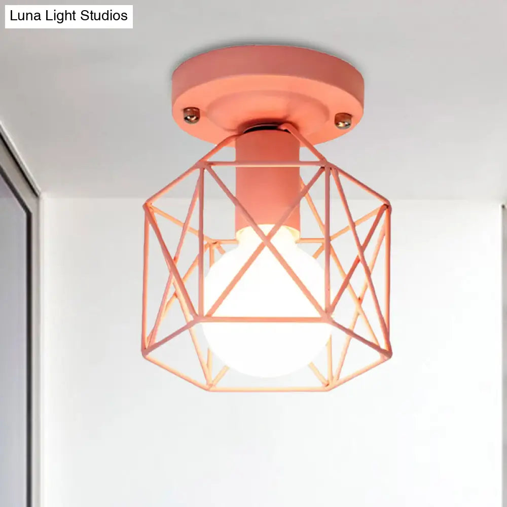 Minimalist Metal Frame Ceiling Mounted Light With White Pink And Green Accents - Ideal For Cloakroom