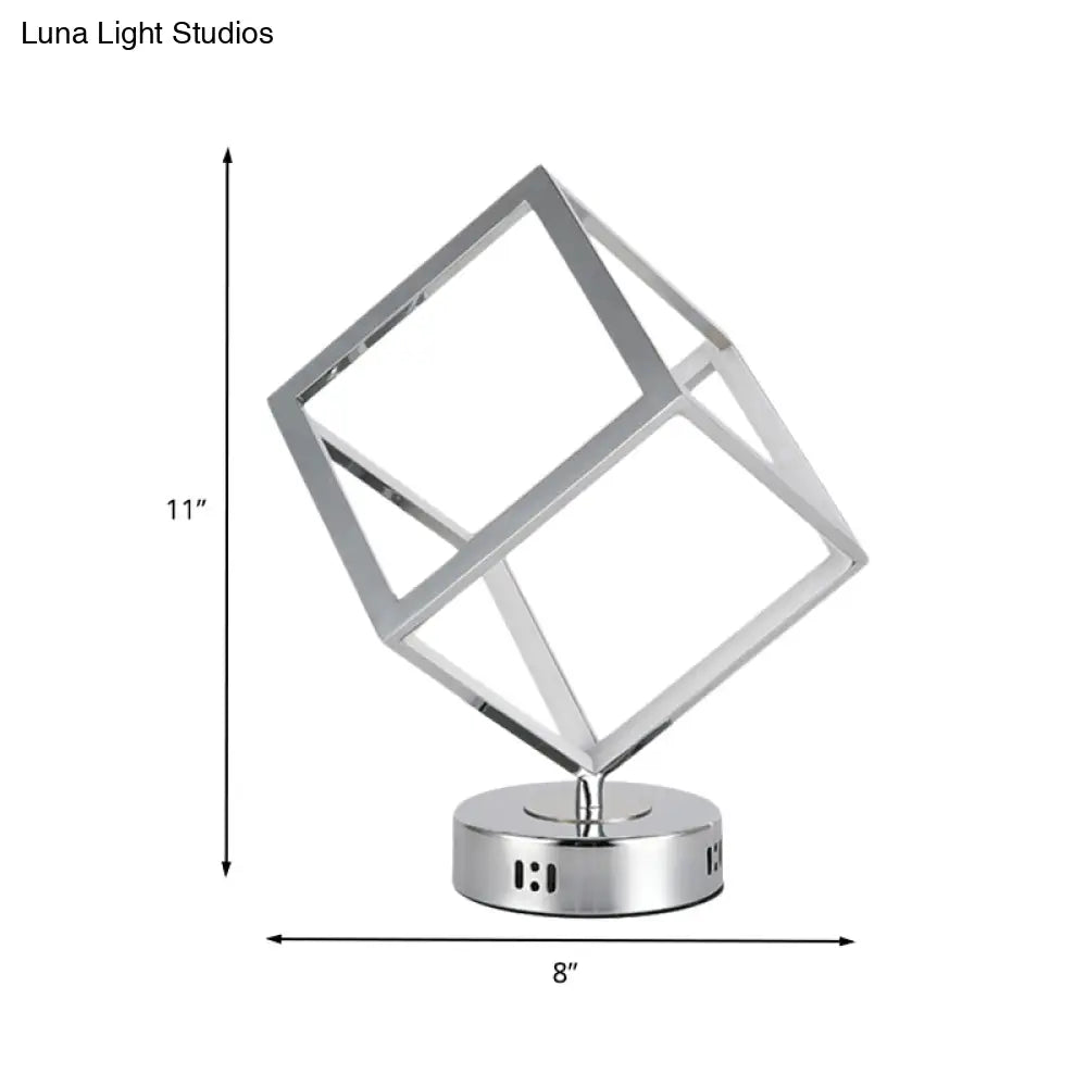 Minimalist Metal Led Bedside Lamp With Chrome Finish - Cubic Frame Round Base