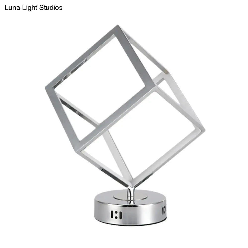 Minimalist Metal Led Bedside Lamp With Chrome Finish - Cubic Frame Round Base