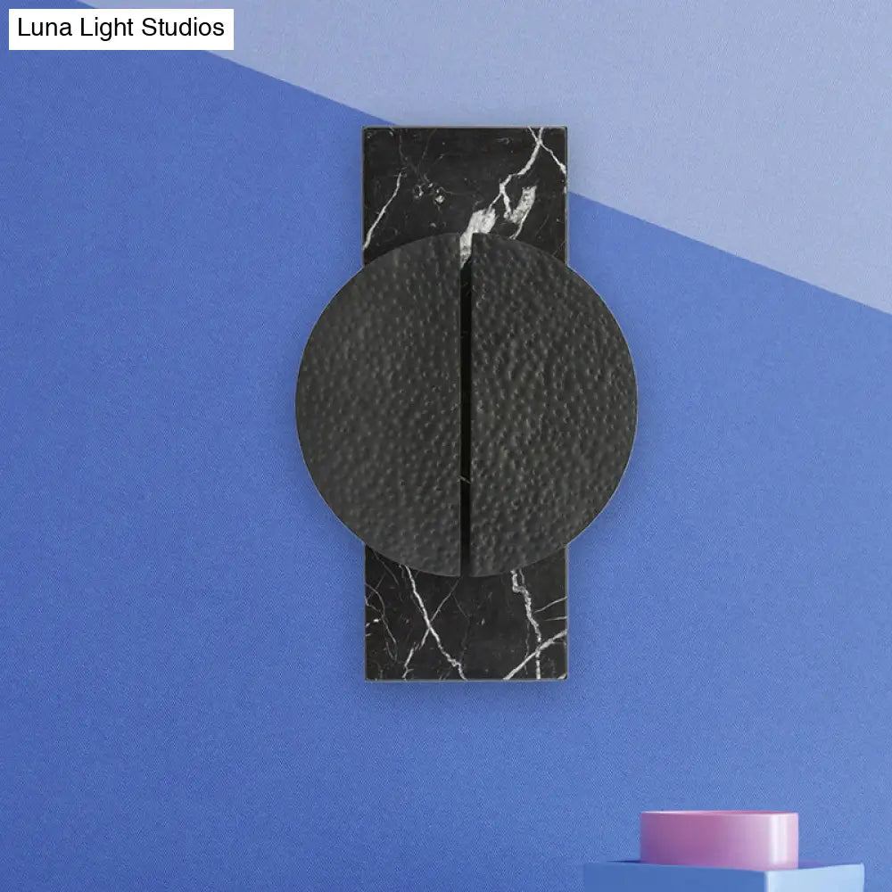 Minimalist Metallic Circle Wall Lamp With Led Sconce - Black/White Rectangle Marble Backplate