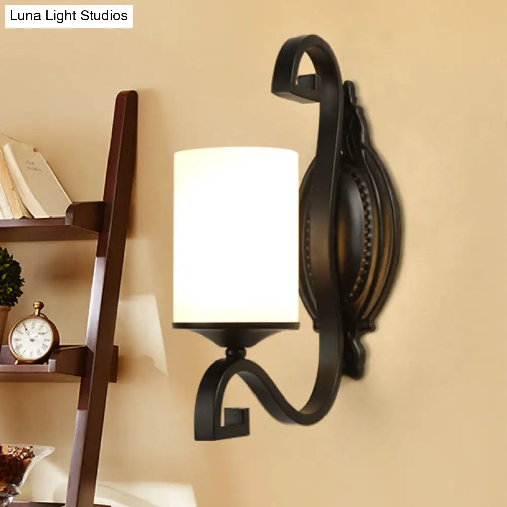 Minimalist Opal Glass Black Wall Sconce For Bedroom - 1 Head Cylinder Lamp Fixture