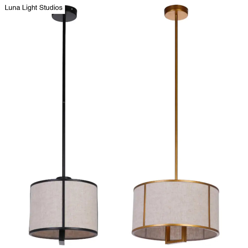 Minimalist Single-Light Fabric Drum Pendant For Living Room With 47 Carbon Steel Rod