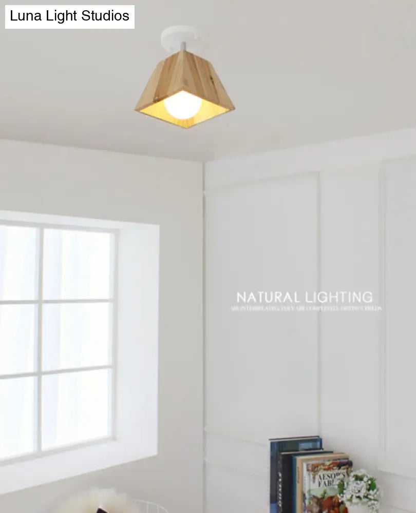 Minimalist Square Wooden White Ceiling Flush Mount Light Fixture