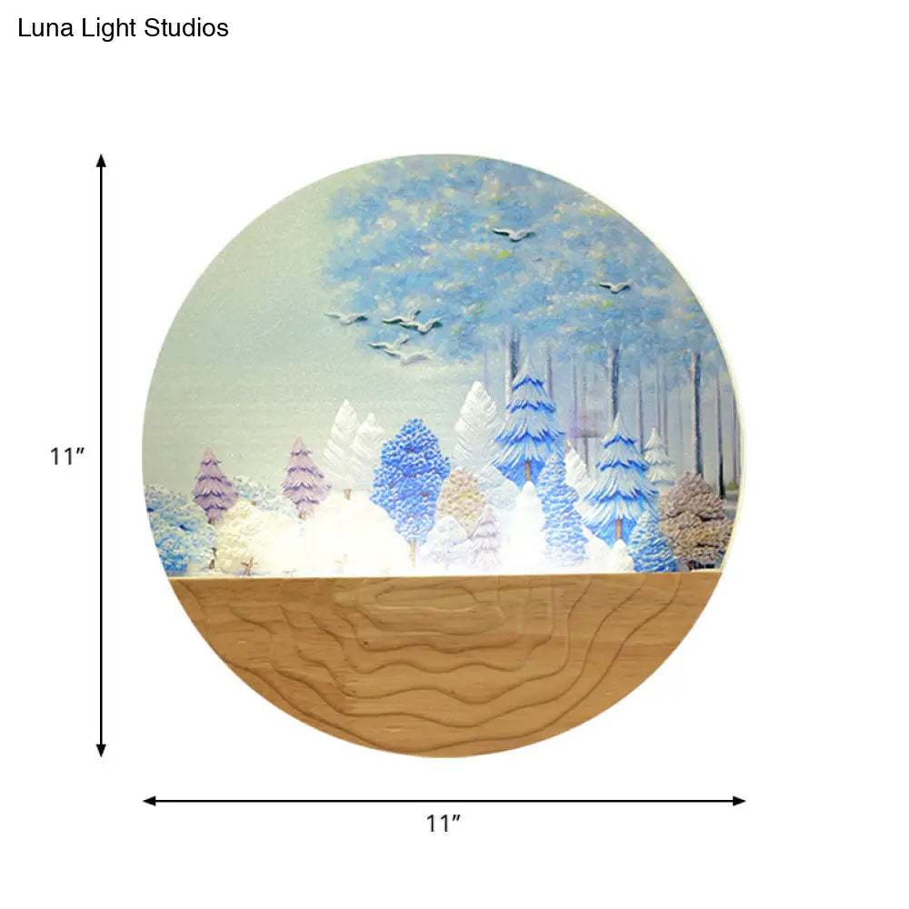 Minimalist Wood-Mounted Led Wall Mural Lamp With Acrylic Circular Shape Tree/Elk Pattern