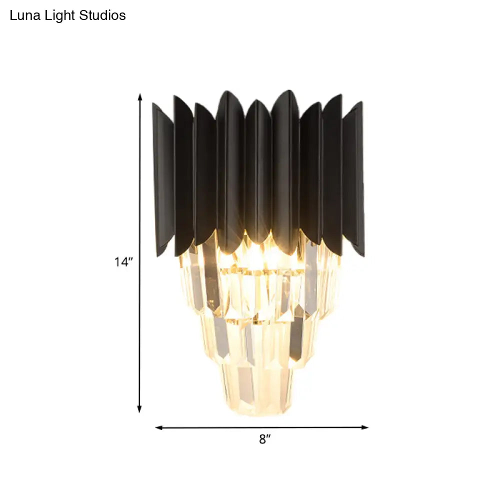 Minimalistic 2-Head Wall Lighting For Bedroom With Crystal Tiered Shade In Black