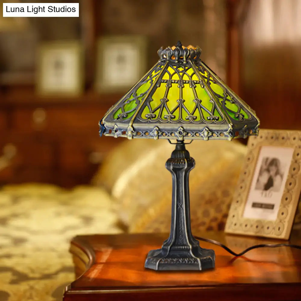 Mission Style Bronze Pyramid Nightstand Light With Green/Beige Glass - Ideal For Living Room