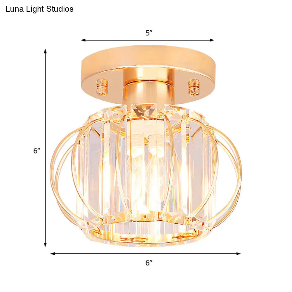 Modern 1-Light Semi Flush Mount Ceiling Light With Rectangular-Cut Crystal And Gold Lantern Frame