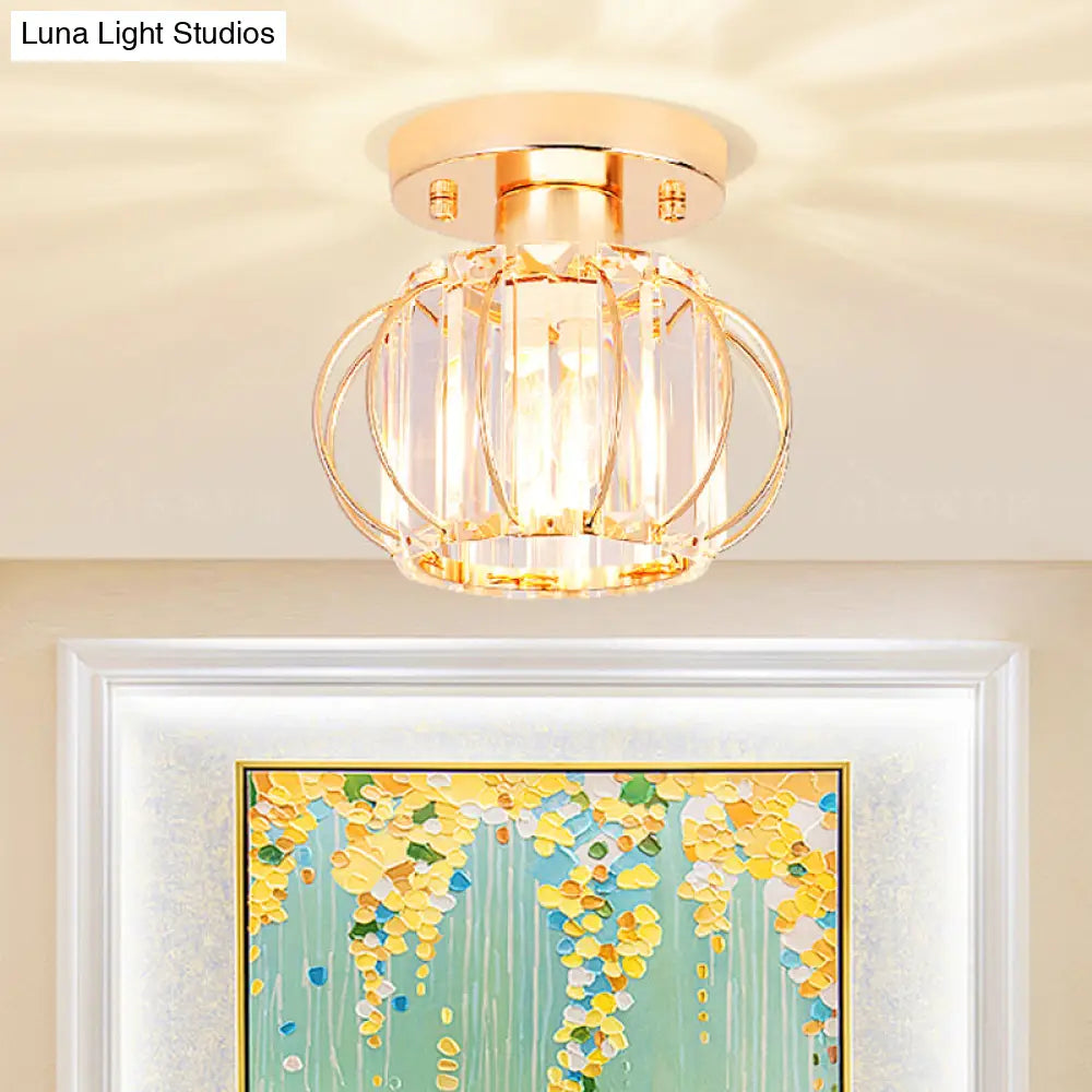 Modern 1-Light Semi Flush Mount Ceiling Light With Rectangular-Cut Crystal And Gold Lantern Frame