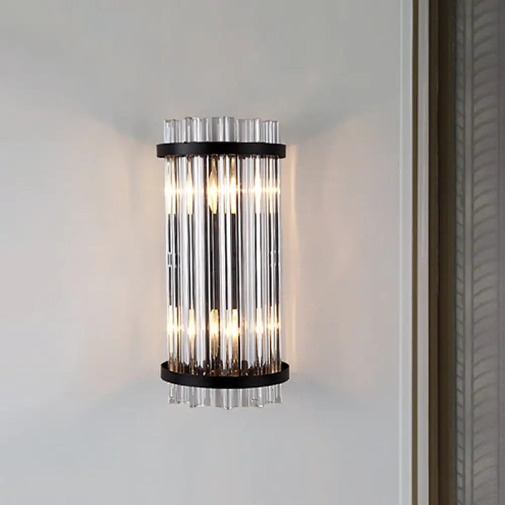 Modern 2-Head Tri-Sided Crystal Rod Cylinder Wall Mount Sconce Light Fixture In Black/Gold Black