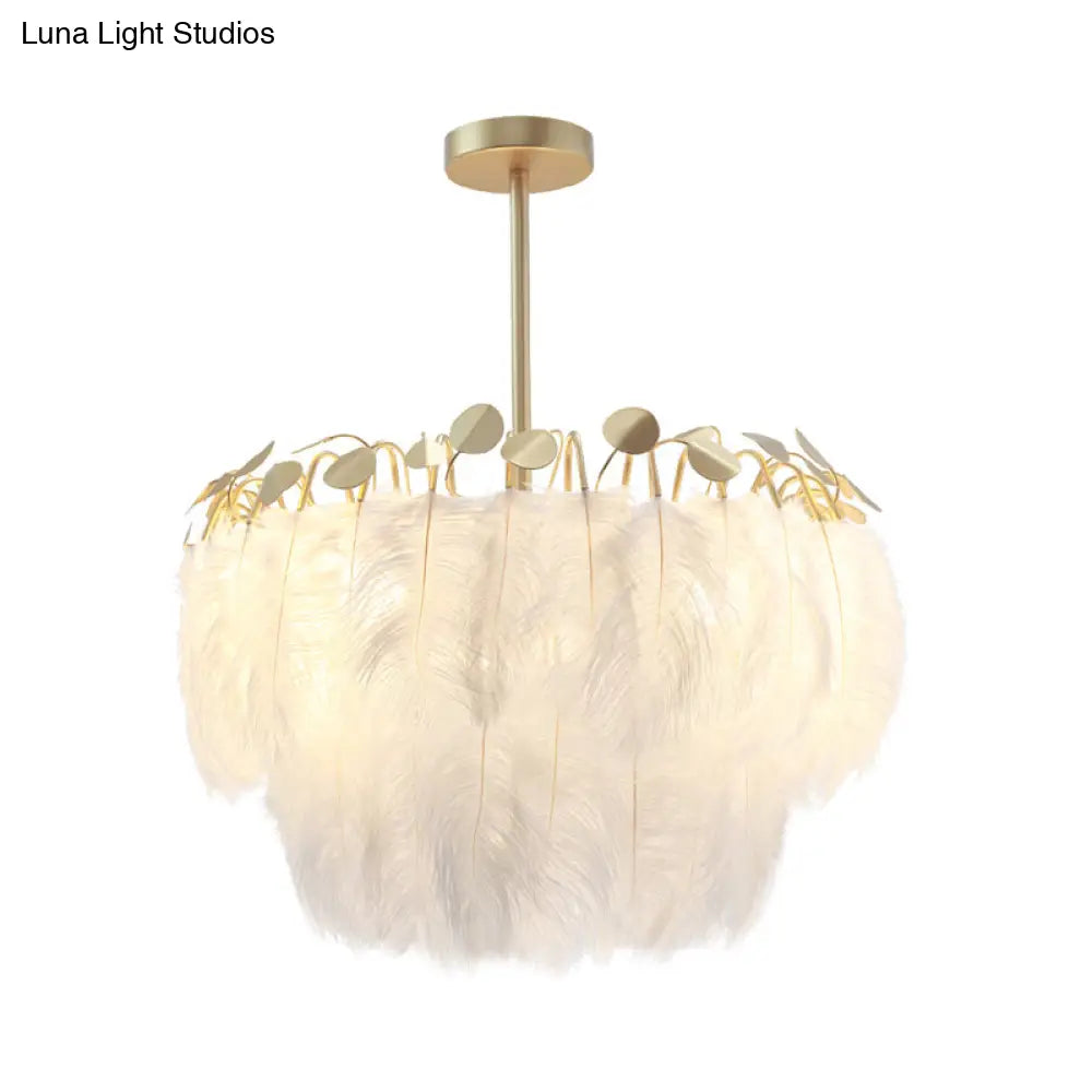 Modern 2-Tier Feather Chandelier: 3-Head Gold Suspended Lighting Fixture For Bedroom