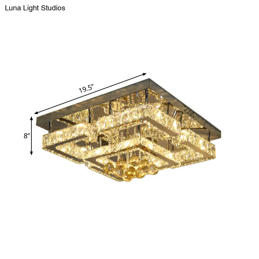 Modern 2-Tier Led Ceiling Flushmount In Crystal Chrome Square/Circle Design