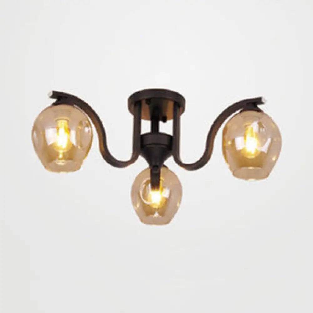 Modern 3 - Light Ceiling Lamp For Study Room - Glass And Metal Semi - Flush Mount Black