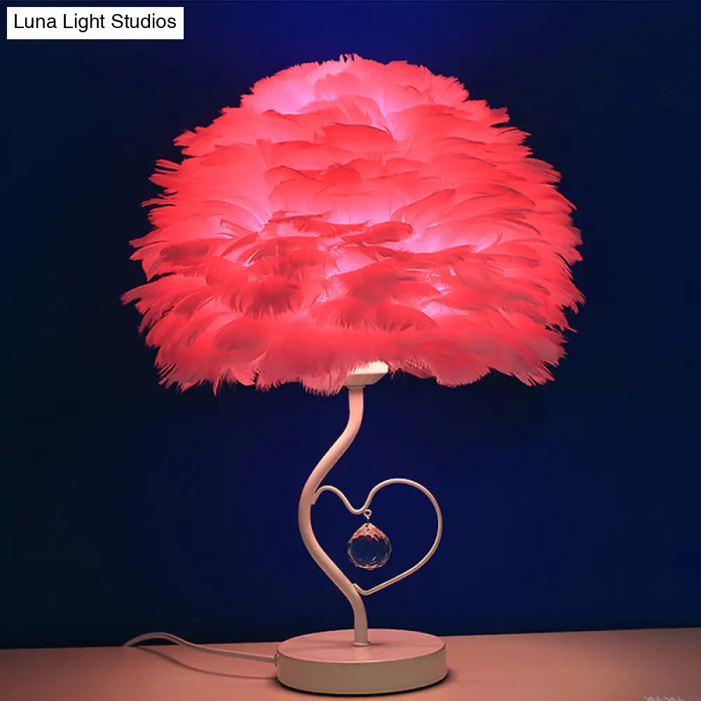 Modern Apricot/Blue/Orange Dome Night Table Light With Feather Shade & Heart Frame - Crystal Orb