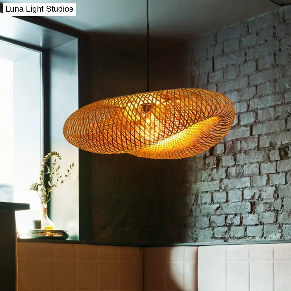 Modern Bamboo Hand-Worked Hanging Ceiling Light - Beige Pendant Lamp With 1 Bulb