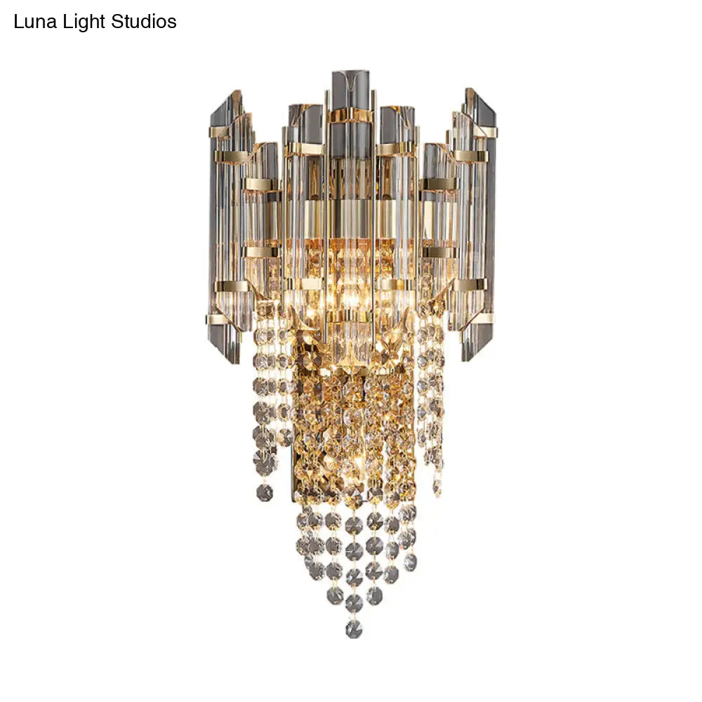 Modern Beaded Crystal Wall Sconce With 2 Smoky Grey Lights For Living Room
