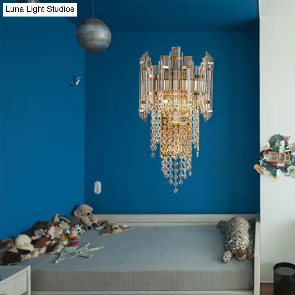 Modern Beaded Crystal Wall Sconce With 2 Smoky Grey Lights For Living Room