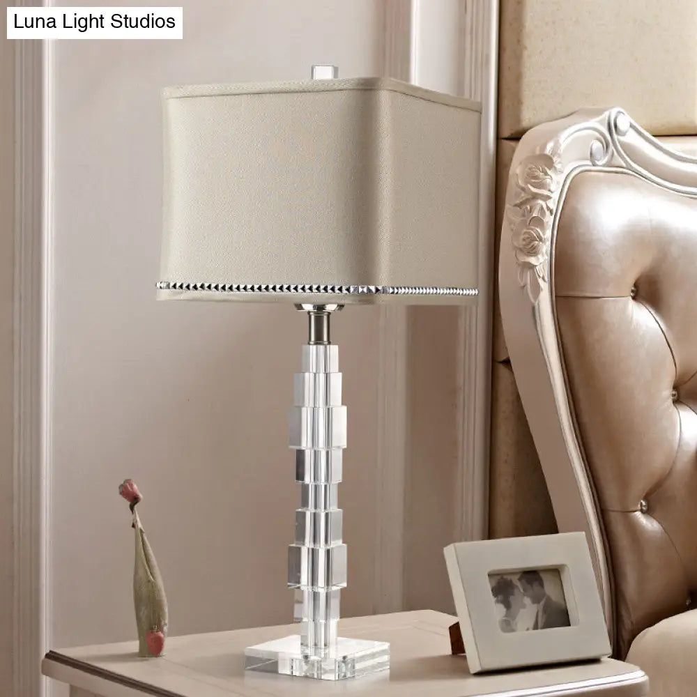 Modern Beige Desk Lamp With Fabric Shade - Rectangular Night Table Light