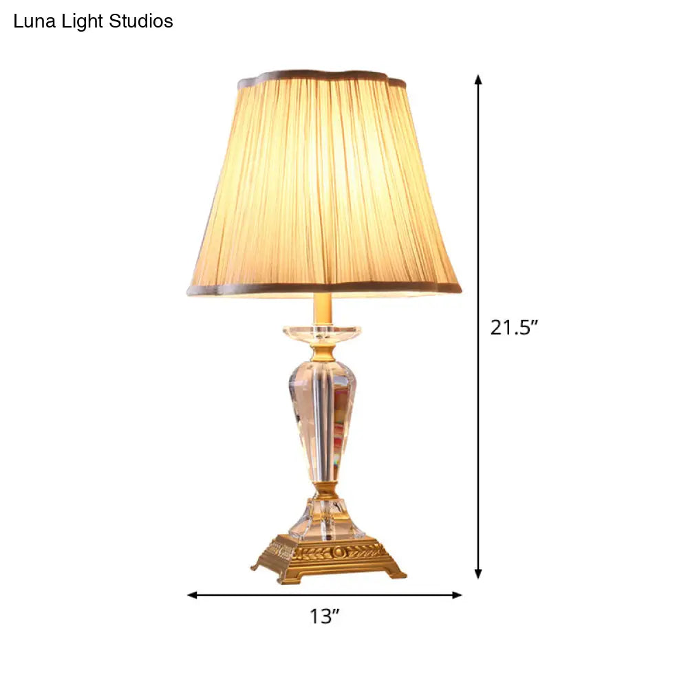 Modern Beveled Crystal Table Lamp With Fabric Shade - Tapered Design 1 Bulb Task Light In Beige