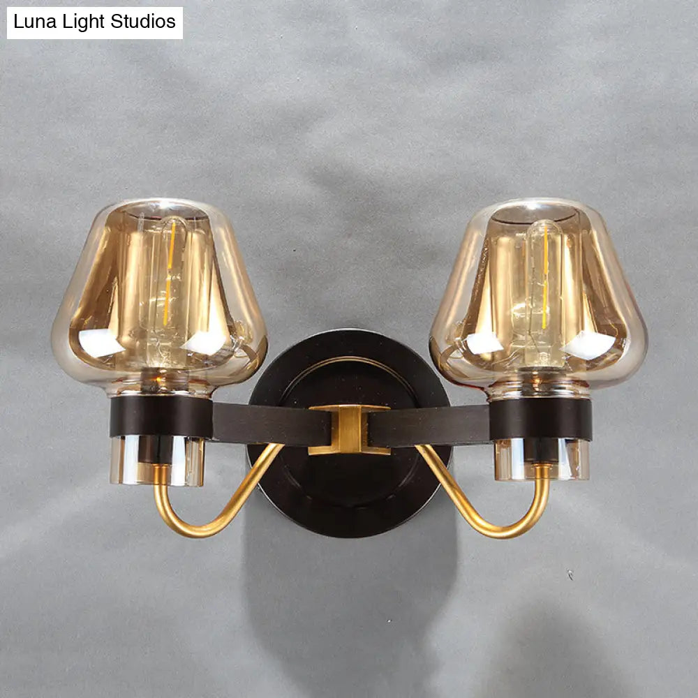 Modern Black Amber Glass Wall Lamp - 2-Light Mushroom Sconce Light Fixture For Living Room