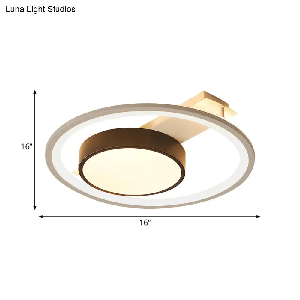 Modern Black And White Led Ceiling Light: Simple Drum Flush Lamp With Halo Ring 16’/19.5’ Wide