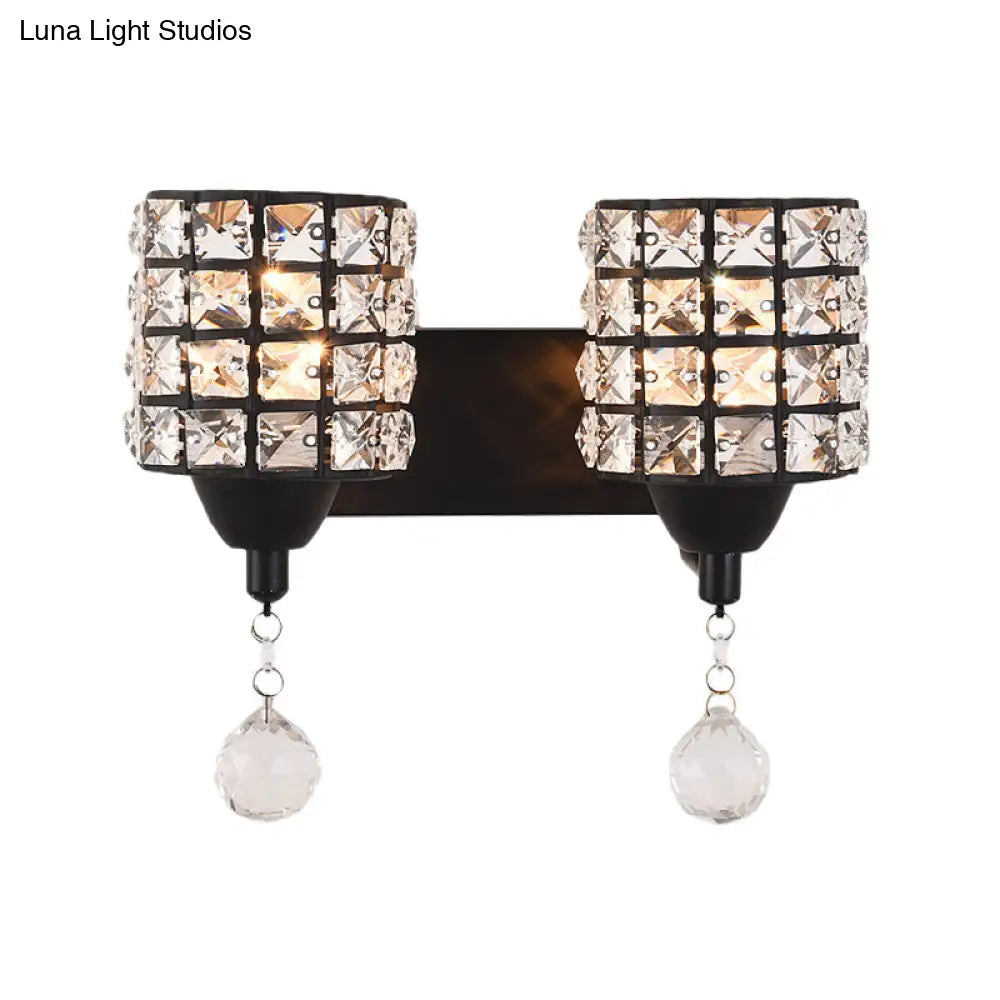 Modern Black Crystal Wall Mount Light Fixture With Prismatic Optical Cylinder Design