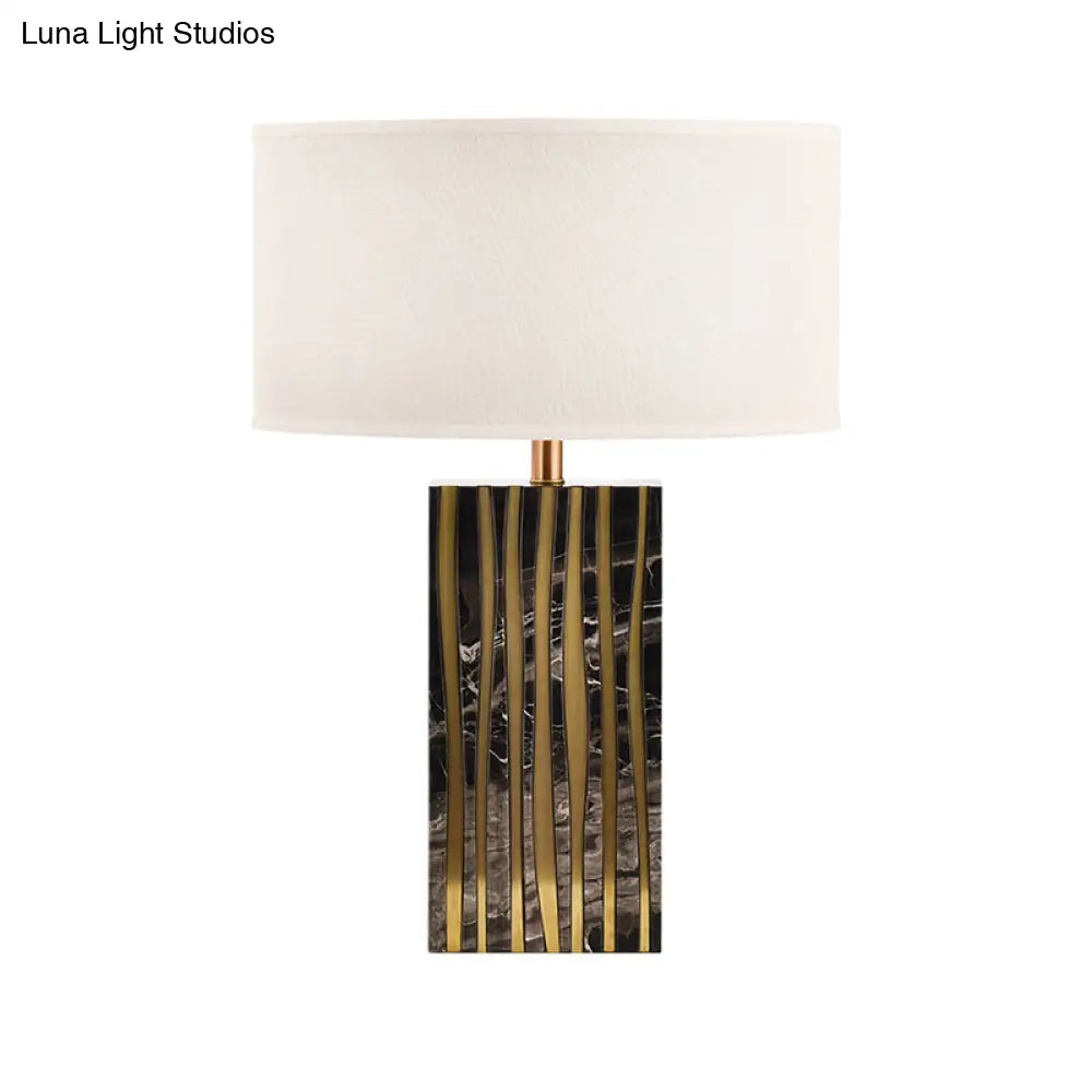 Modern Black Drum Night Table Lamp: 1-Light Fabric Lighting For Bedroom Nightstand
