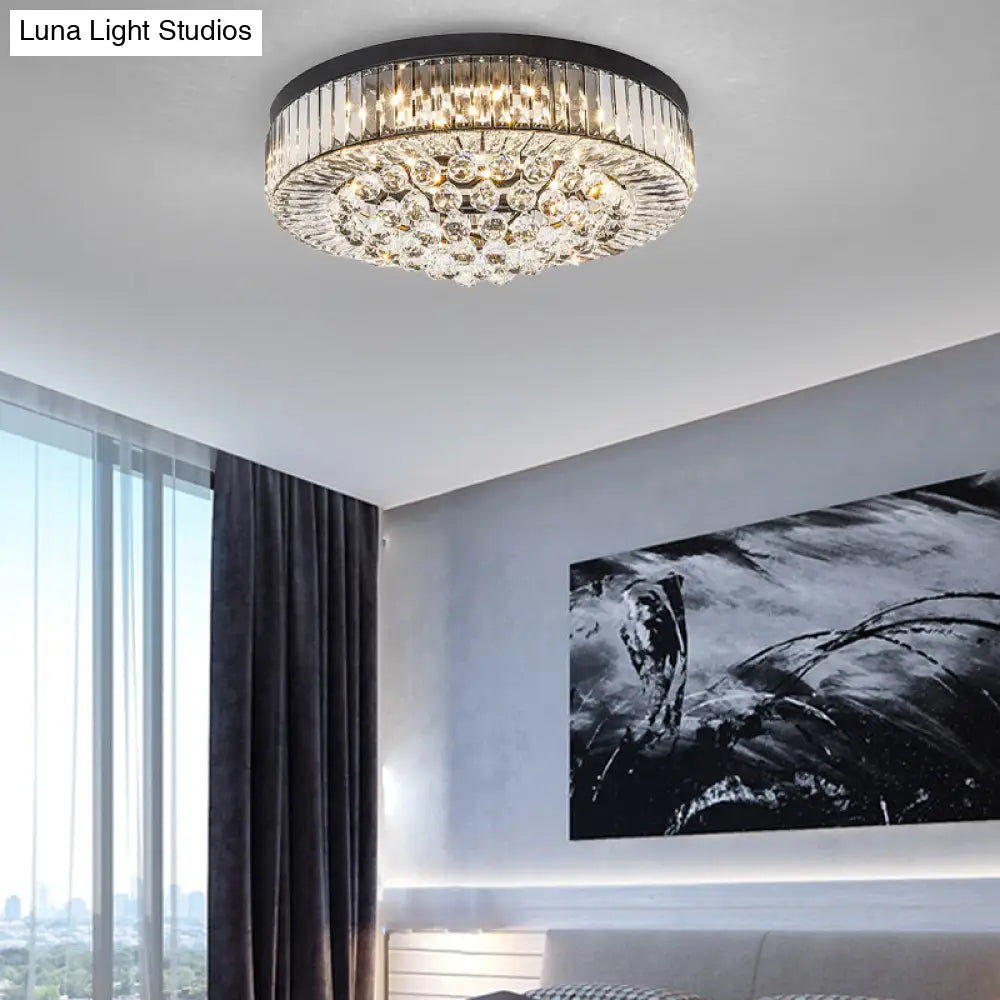Modern Black Led Crystal Block Drum Ceiling Light Stepless Dimming 3 Color + Remote Control