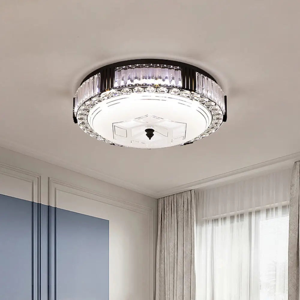 Modern Black Metal Led Flush Mount Bedroom Lamp With Crystal Accent / C