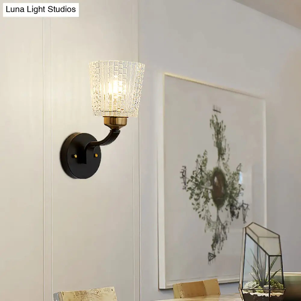 Modern Black Metal Sconce Light With Textured Glass Shade - 1 Conical Wall Lighting
