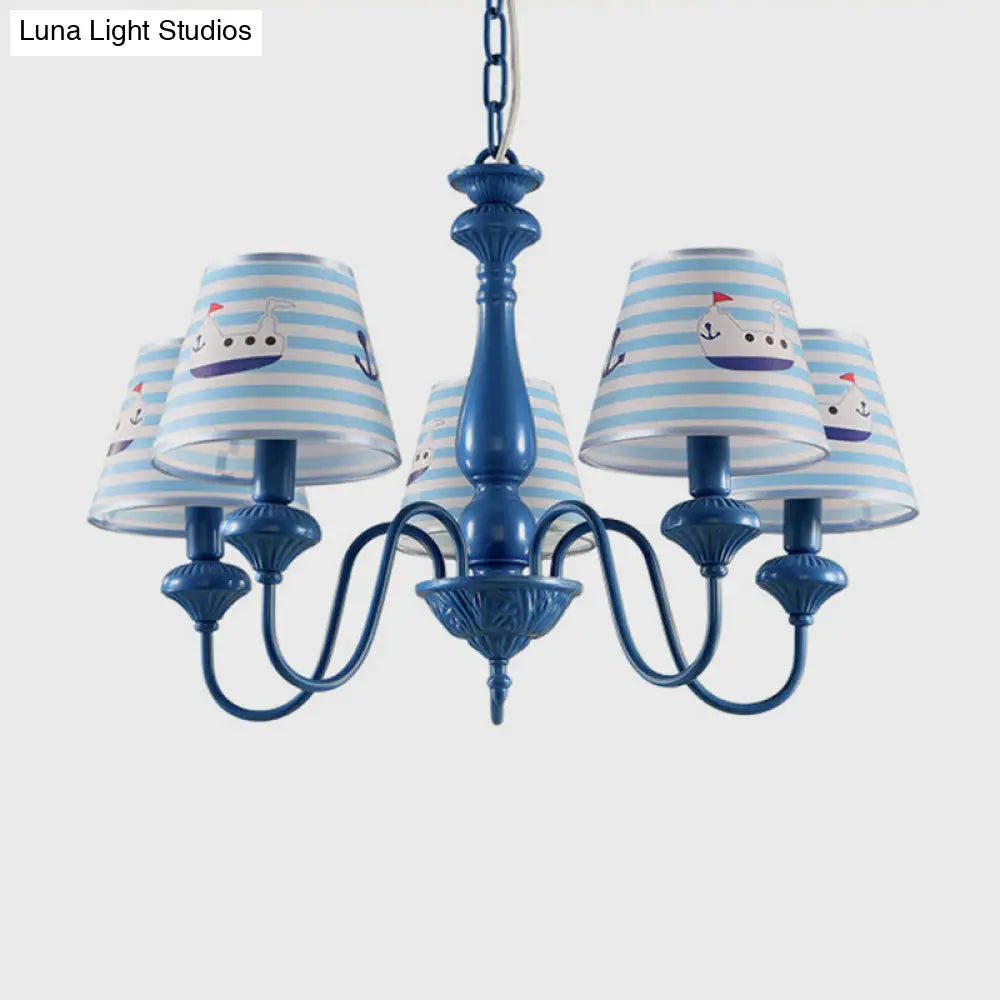 Modern Blue Fabric Chandelier Light Fixture - 5 Heads Empire Shade Patterned Design Ideal For Childs