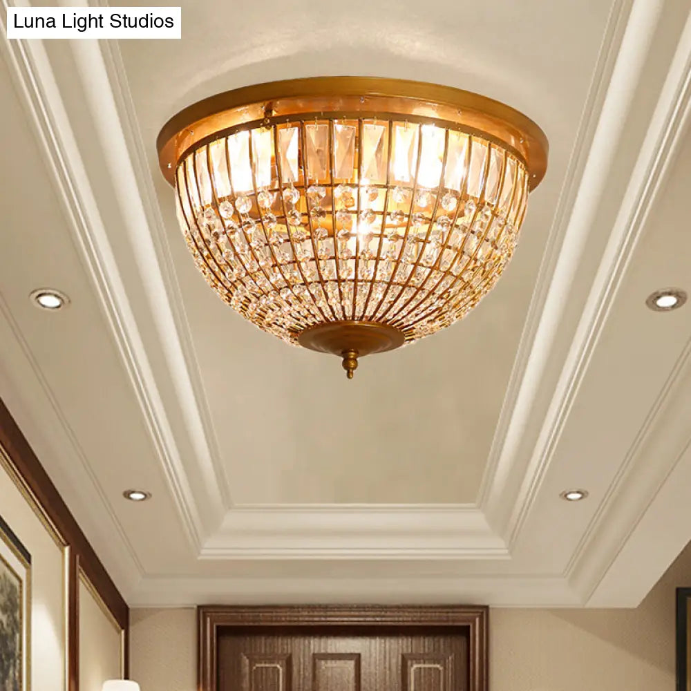 Modern Brass Flush Mount With Crystal Dome Shade - 3 Light Hallway Ceiling Fixture 14’/18’ Wide