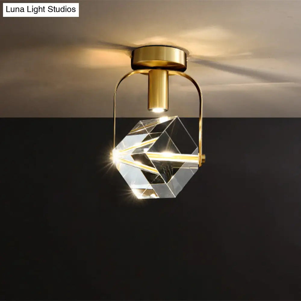 Modern Brass Led Ceiling Flush Mount Crystal Cube Semi Light Fixture