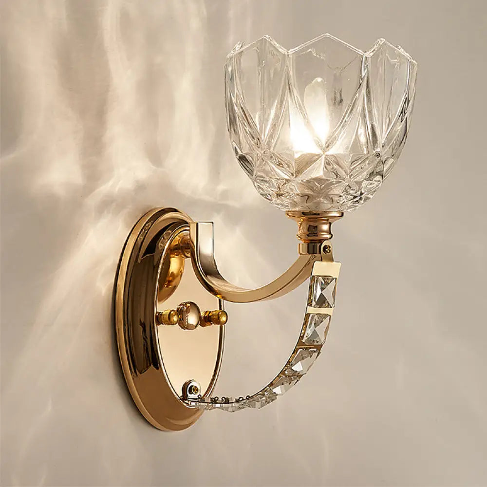 Modern Brass Sconce Light: 1 Head Bedroom Wall Fixture With Clear Glass Shade / A
