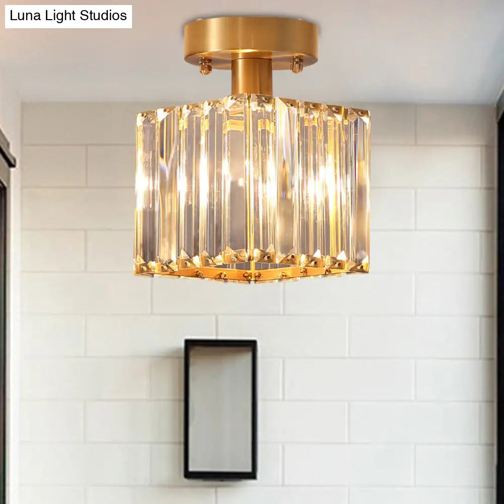 Modern Brass Semi Flush Mount Light With Crystal Shade - 1-Light Corridor Ceiling