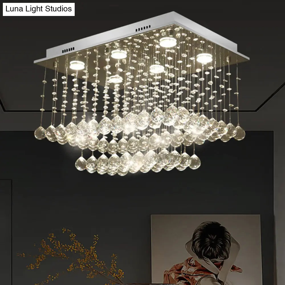 Modern Chrome Cuboid Crystal Flush - Mount Ceiling Light Fixture With 5 Bulbs