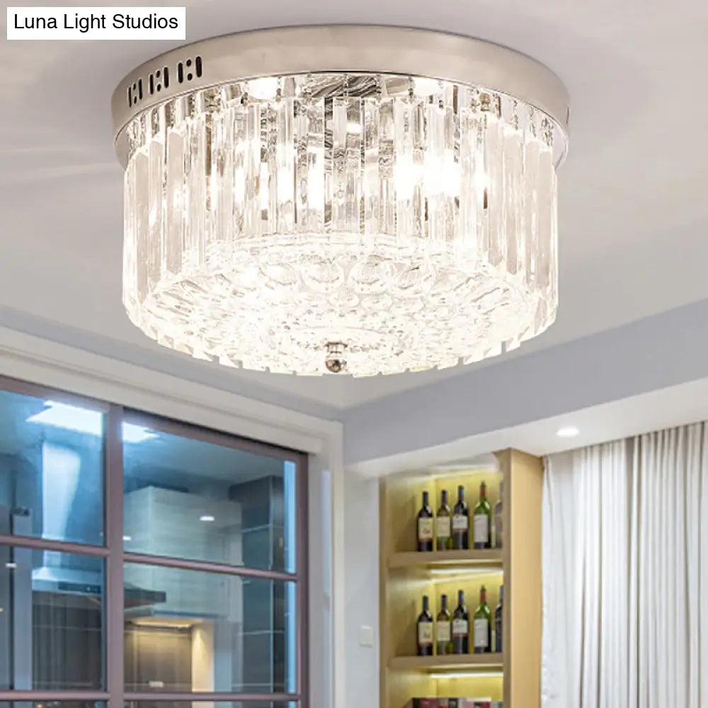Modern Chrome Drum Flush Light Fixture With 3 Rectangular-Cut Crystal Lights For Bedroom -