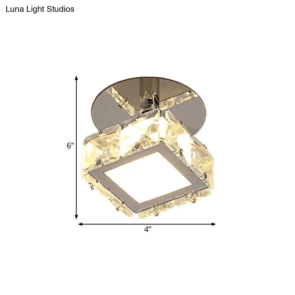 Modern Chrome Led Crystal Block Semi Mount Ceiling Light Fixture - Warm/White Lighting