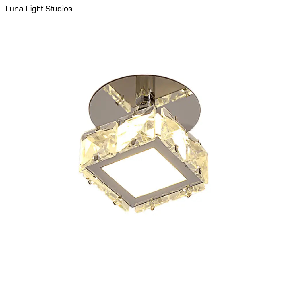 Modern Chrome Led Crystal Block Semi Mount Ceiling Light Fixture - Warm/White Lighting