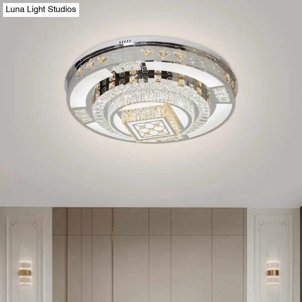 Modern Chrome Led Round Flush Mount Crystal Ceiling Light In Warm/White 19.5’/31.5’ Wide