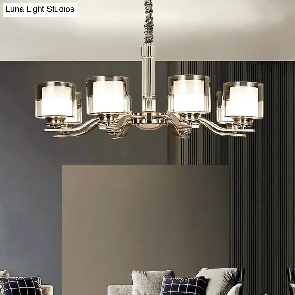 Modern Chrome Restaurant Chandelier With Cylindrical Frosted And Smoke Grey Glass
