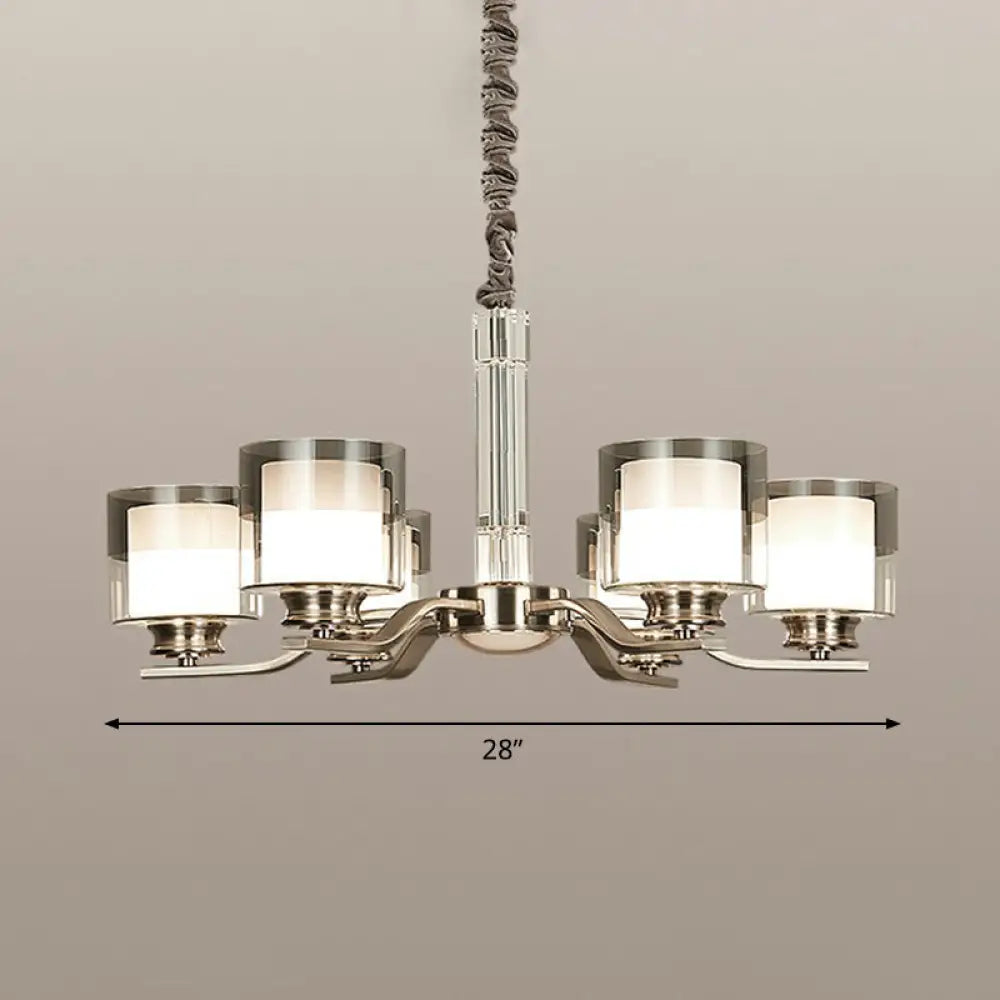 Modern Chrome Restaurant Chandelier With Cylindrical Frosted And Smoke Grey Glass 6 /
