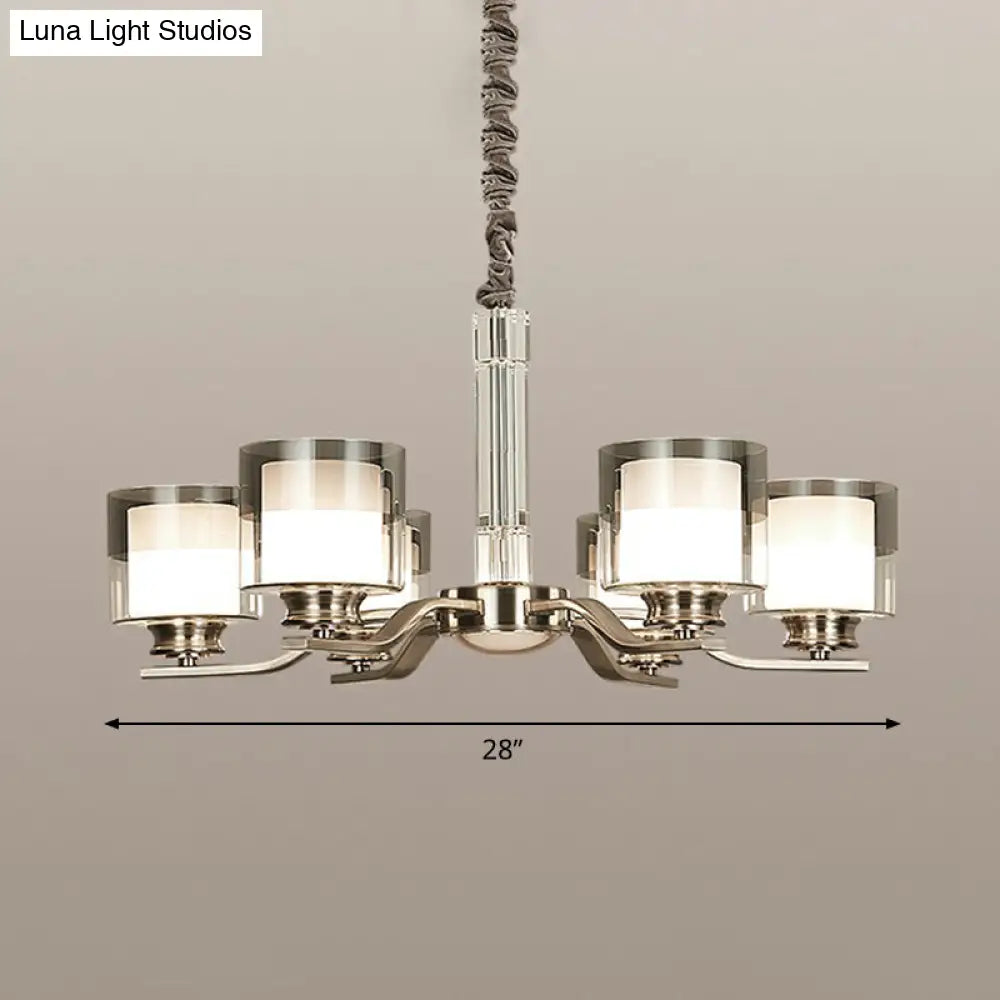 Modern Chrome Restaurant Chandelier With Cylindrical Frosted And Smoke Grey Glass