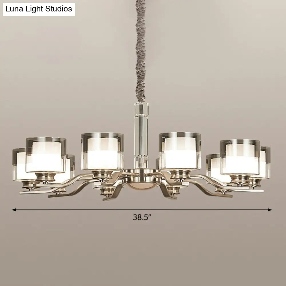 Modern Chrome Restaurant Chandelier With Cylindrical Frosted And Smoke Grey Glass