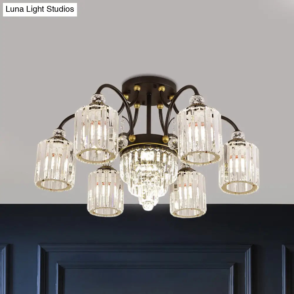 Modern Clear Crystal Ceiling Light With Black Scroll Arms And 6/11 Cylindrical Heads