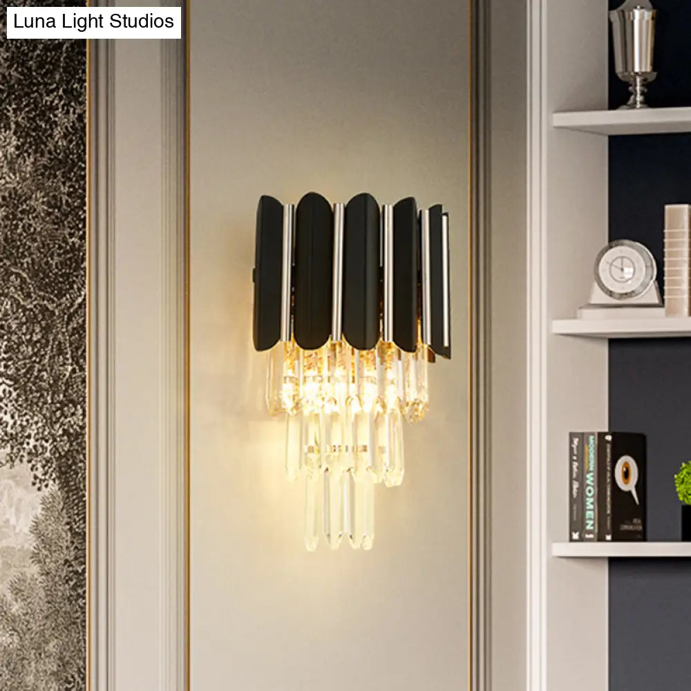 Modern Clear Crystal Wall Sconce Light - Black Tiered Design With 2 Lights