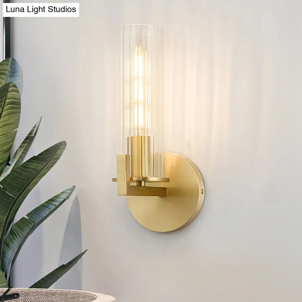 Modern Clear Glass Brass Wall Sconce With Cylinder Design - Perfect For Bedside Lighting