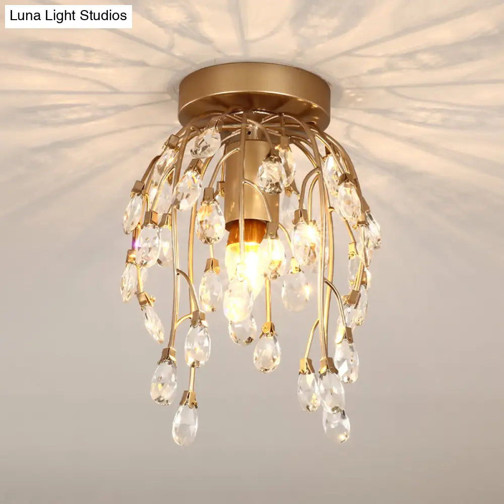 Modern Corolla Crystal Close To Ceiling Lamp - 1 Light Semi Flush Mount Brass Lighting For Corridors